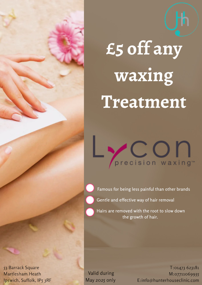 A person waxing their leg with text promoting £5 off Lycon treatments.