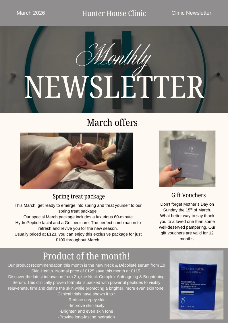 Newsletter page with March skincare offers, a featured facial package, gift vouchers, and a new anti-ageing serum.