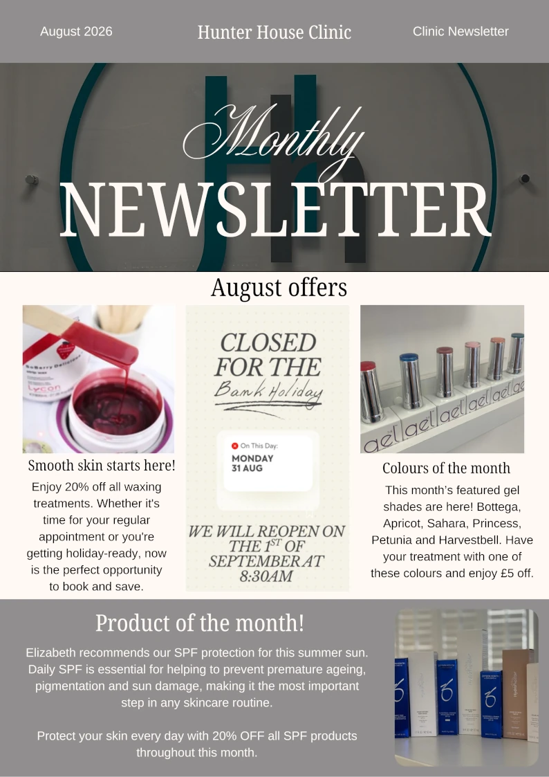 Image of a clinic newsletter featuring August offers, treatment discounts, and holiday closure information.