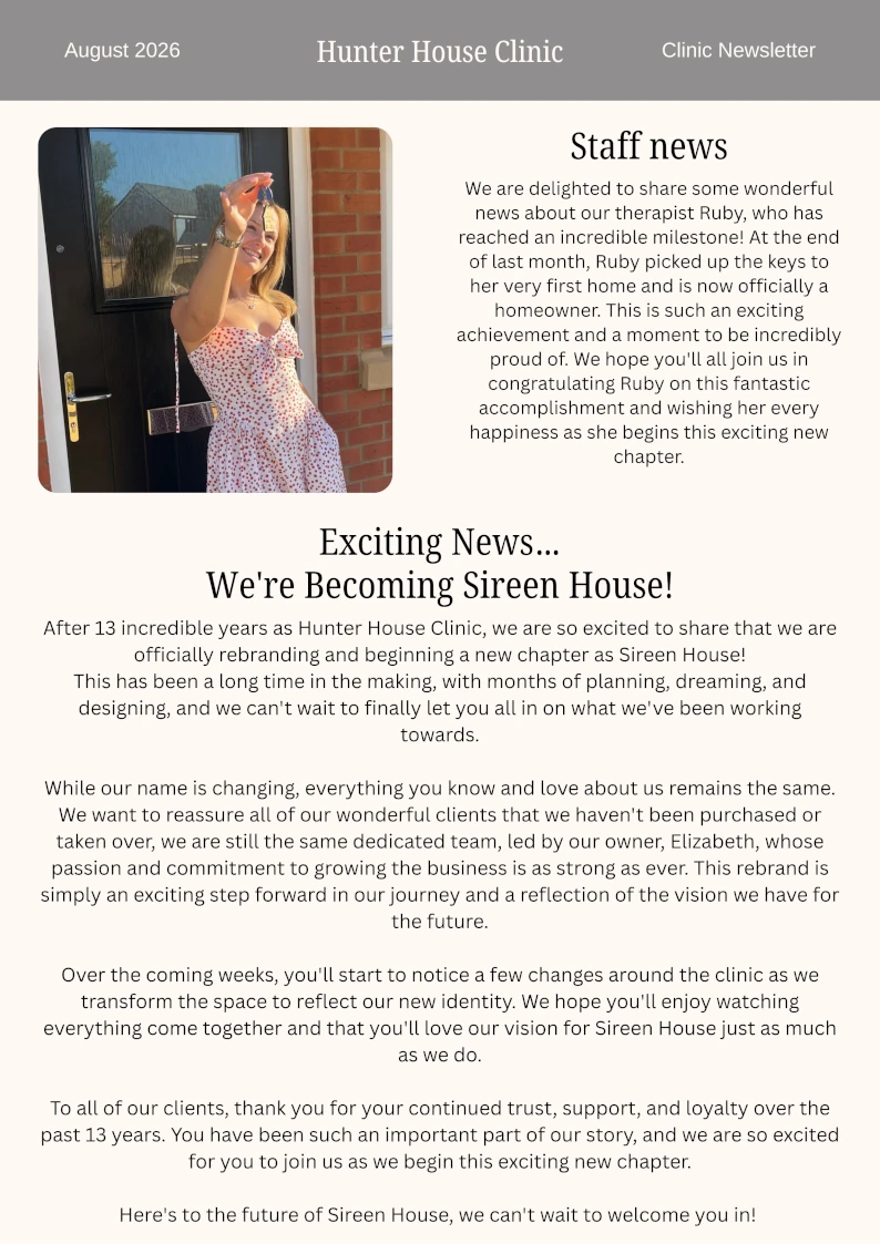 Newsletter features announcements about staff achievements and the clinics upcoming name change to Sireen House..